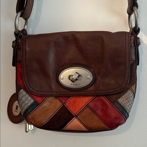 Vintage Fossil Brown Leather Crossbody with Colorful Patchwork Front